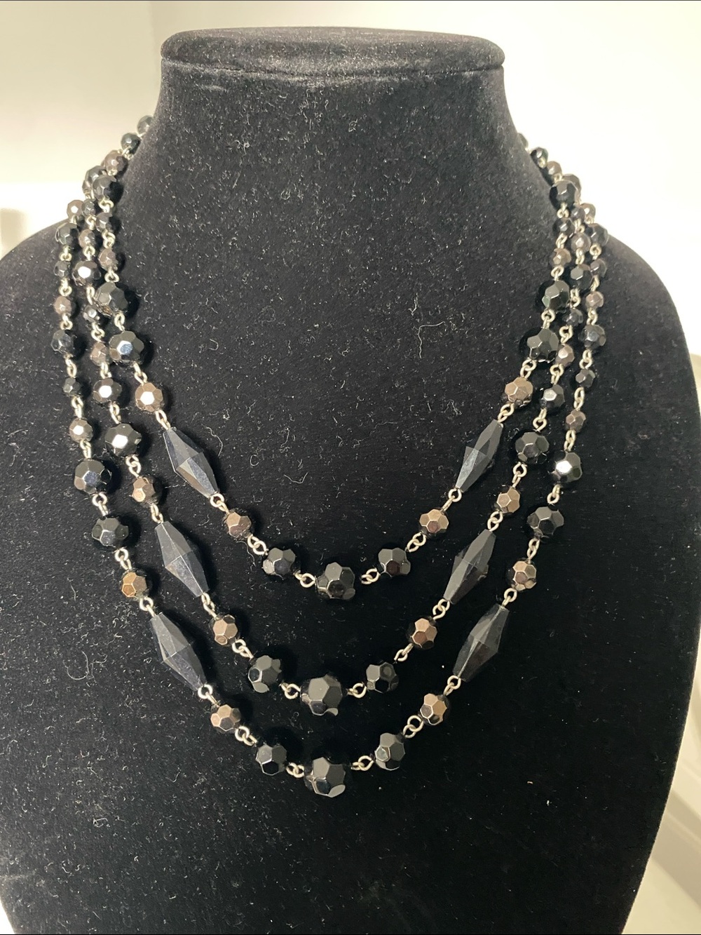 Robert Rose Black Faceted Three-Strand Beaded Necklace